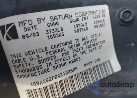 2004 Saturn Ion 1 from USA, damaged, VIN 1G8AG52F64Z122825